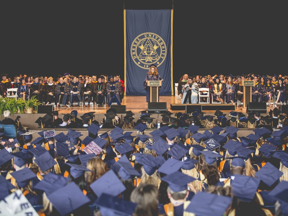 Image of a Drexel University graduation ceremony at the Mann Center