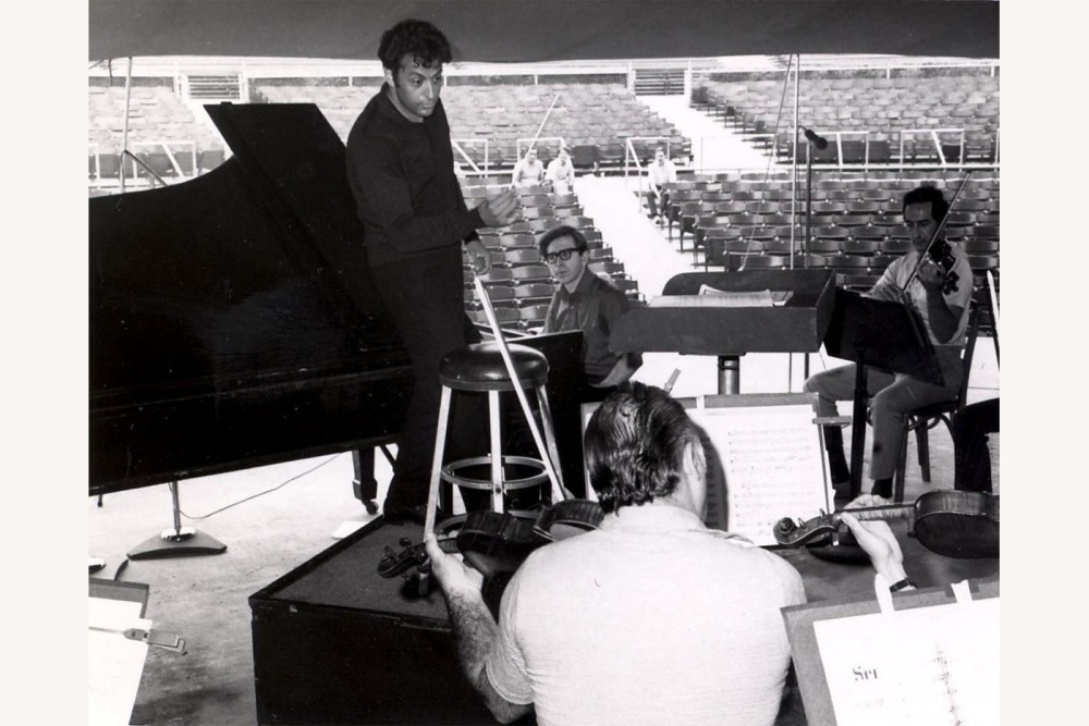 Zubin Mehta, Jerome Lowenthal, and members of The Philadelphia Orchestra during a rehearsal