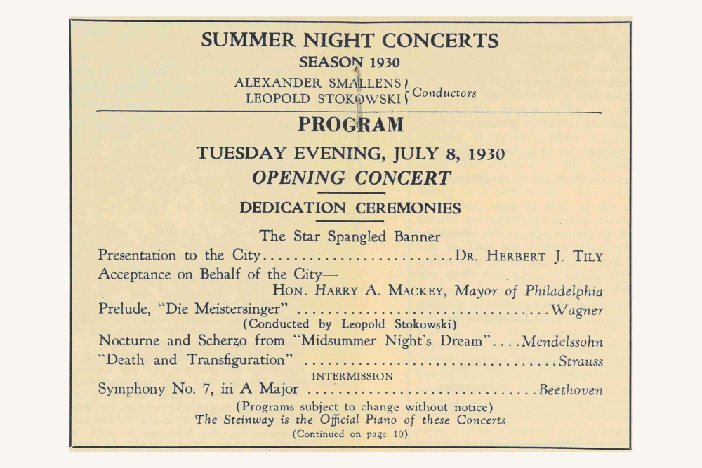 Program for inaugural Robin Hood Dell concert, July 8, 1930.