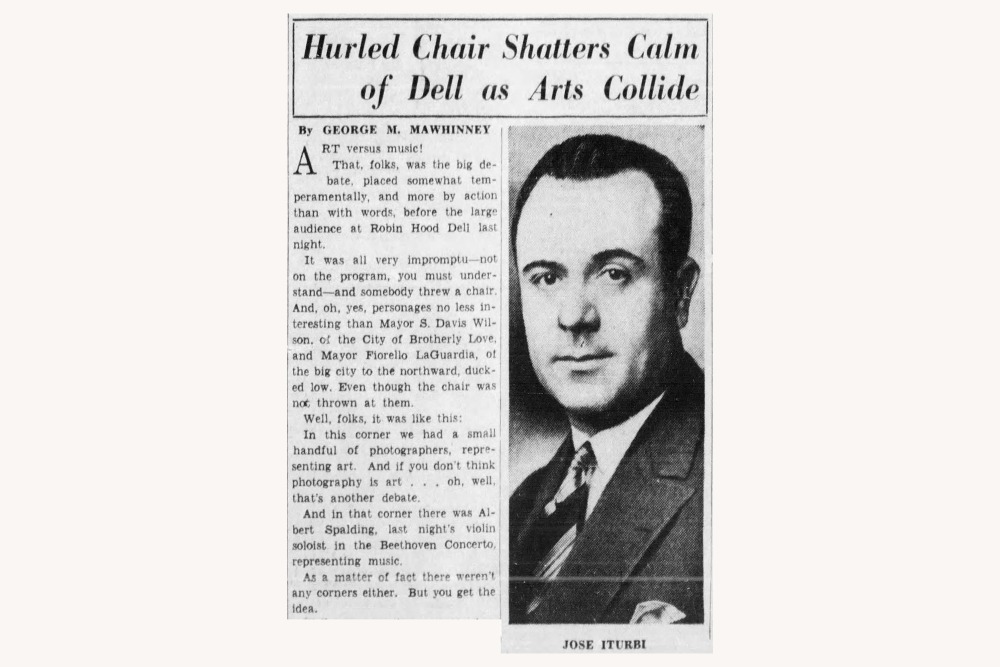 August 20, 1936, Philadelphia Inquirer article, reporting on incident in which Iturbi threw a chair in anger at a Robin Hood Dell concert 