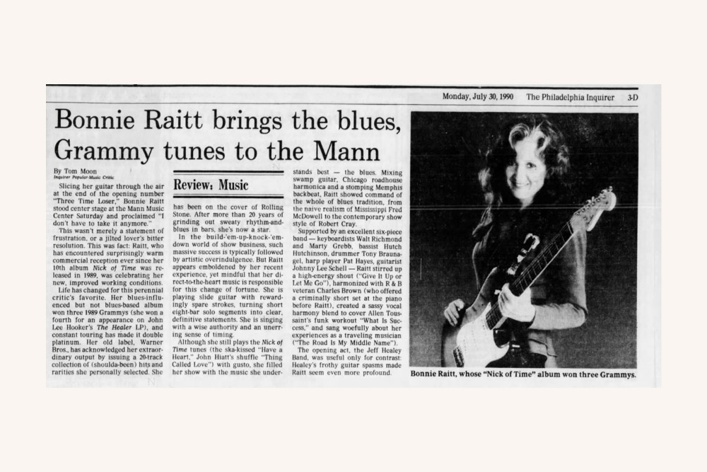 Philadelphia Inquirer review of Bonnie Raitt&#039;s July 28, 1990 concert at the Mann