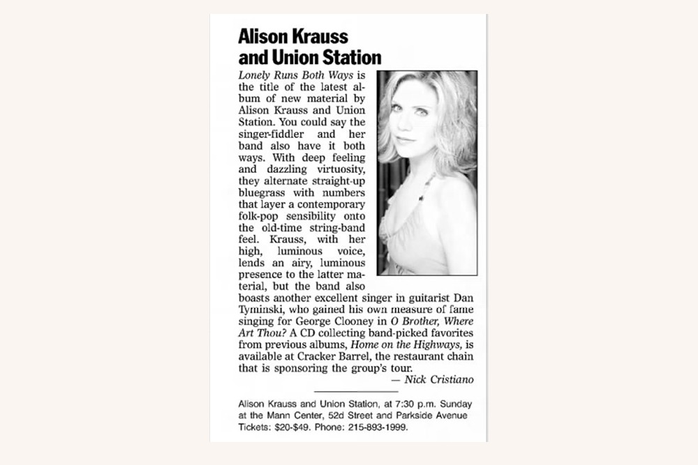 Alison Krauss Philadelphia Inquirer 2005