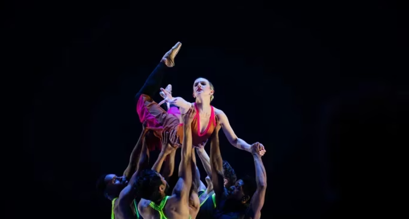 BalletX dancers Jerard Palazo, Jared Kelly, Shawn Cusseaux, and Ben Schwarz lift Skyler Lubin in Amy Hall Garner's "Switching the Groove."