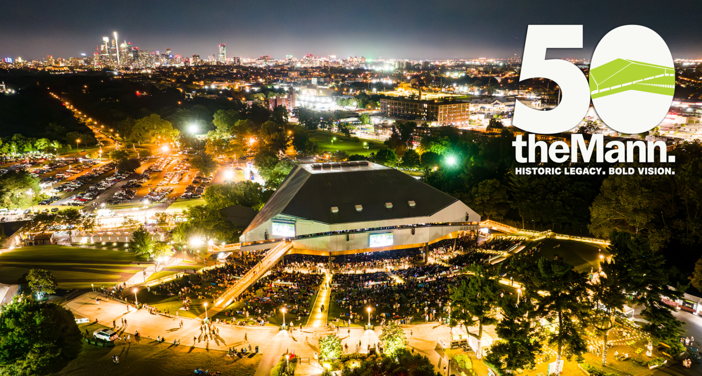 Aerial view of the Mann with 50th Anniversary Logo on top right